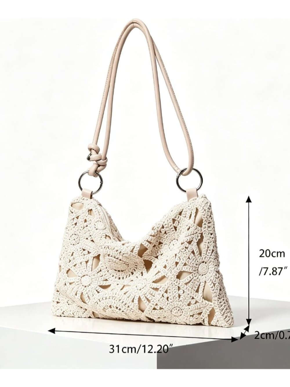 Floral Hollow Out Woven Boho Bag, Metal Round Clasp Beach Bag, Holiday Casual St - Picture 6 of 8